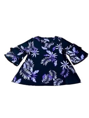 Alfani Tropical Palm-Print Scoop Neck Top w/Lace Trimmed and Tiered Long Sleeves